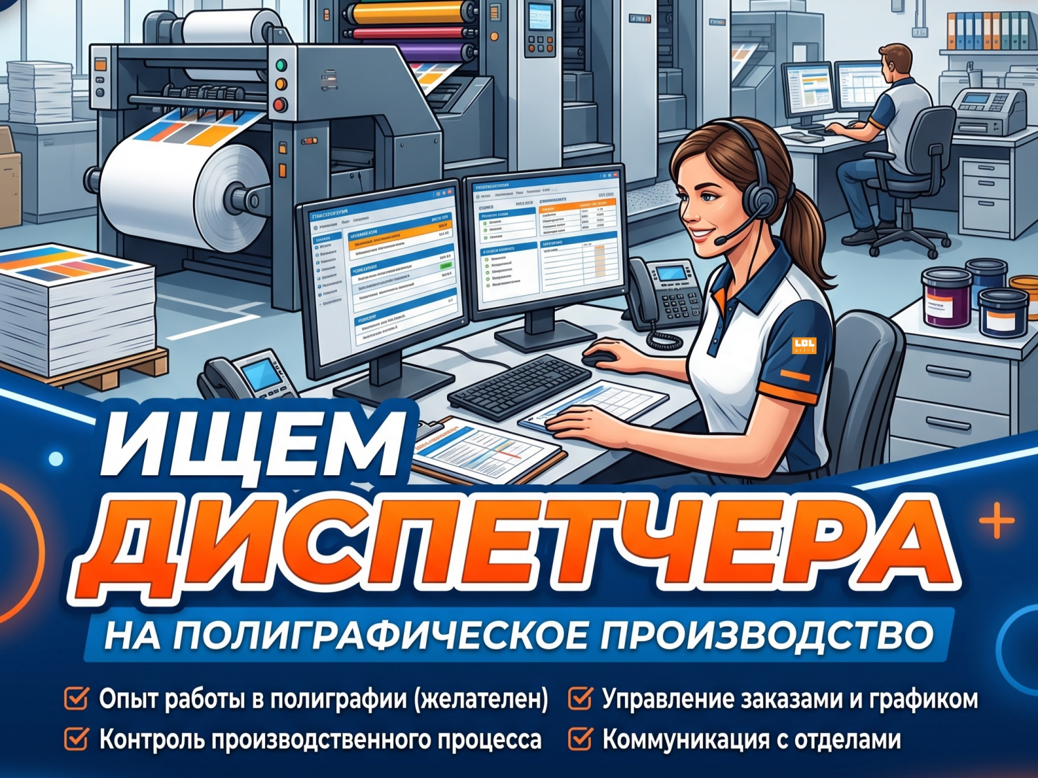 Новая вакансия: Диспетчер на производство. Внесение заказов в базу, контроль печати, упаковки, отгрузки, ежедневный отчёт.